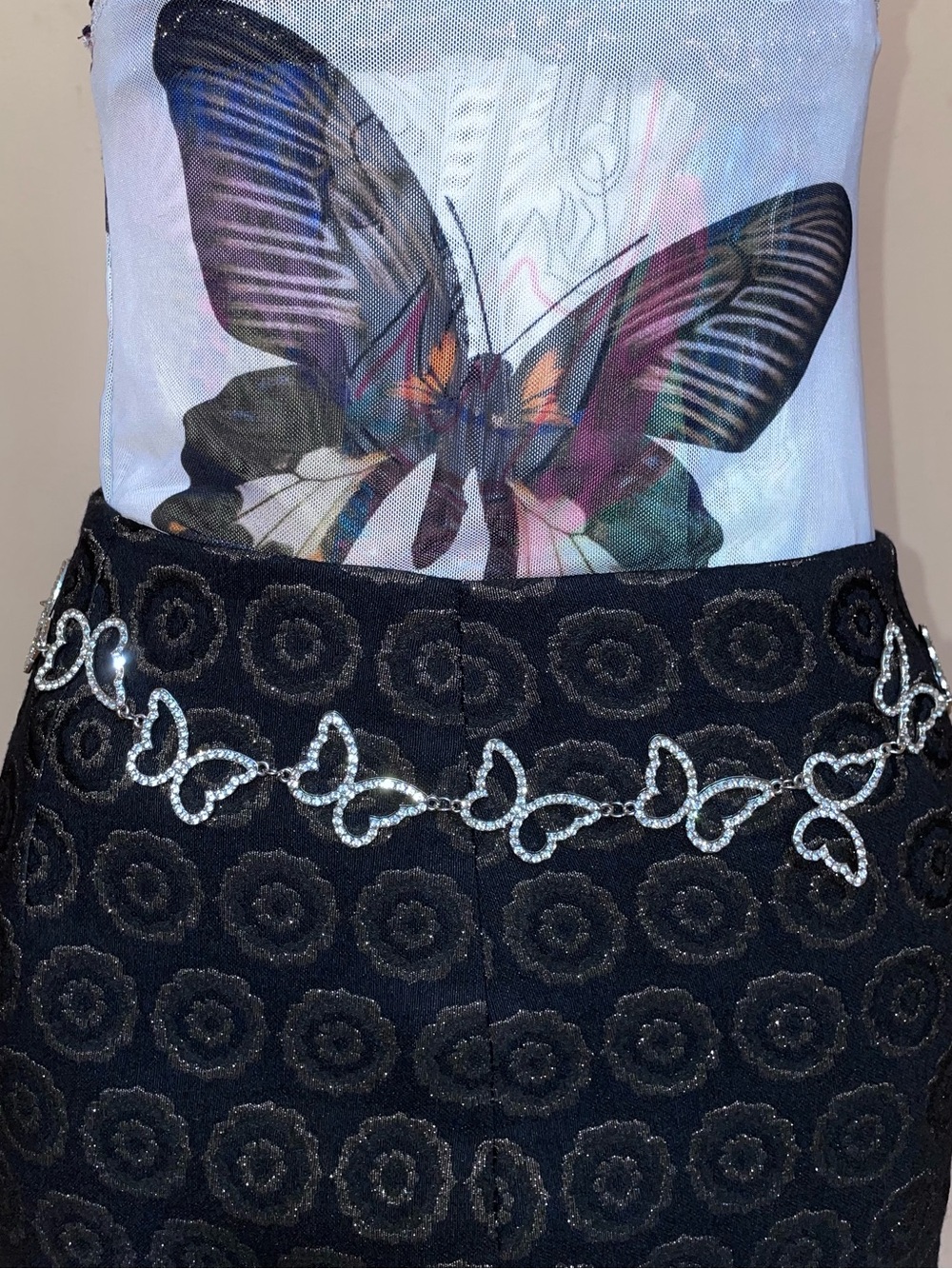 Y2k Silver Butterfly Chain Belt with Rhinestones